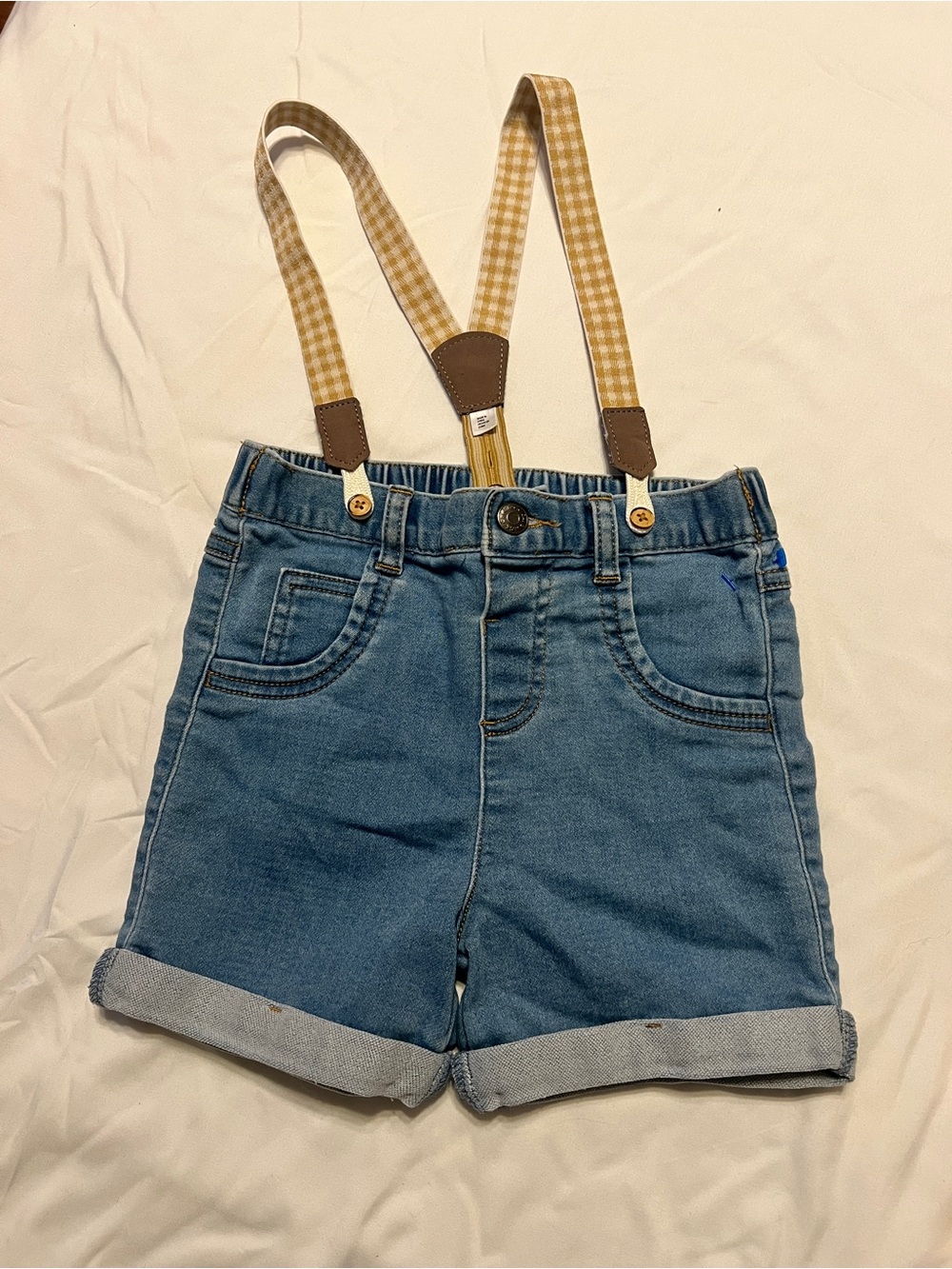 Kids Denim Shorts with Removable Tan Check Suspenders SIZE 24 months